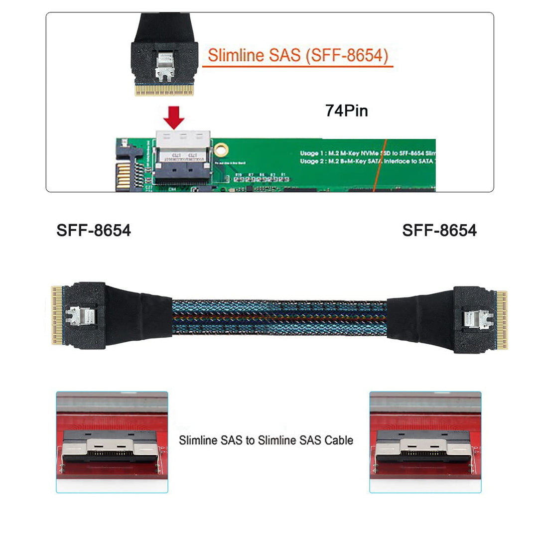 Cablecc PCI-E Slimline SAS 4.0 SFF-8654 8i 74pin Host auf SFF-8654 74Pin Slim SAS Target Kabel 50cm
