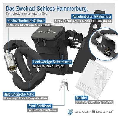 advanSecure® Hochsicherheits-Kettenschloss mit Satteltasche | optimal für Fahrrad und E-Bike | max.