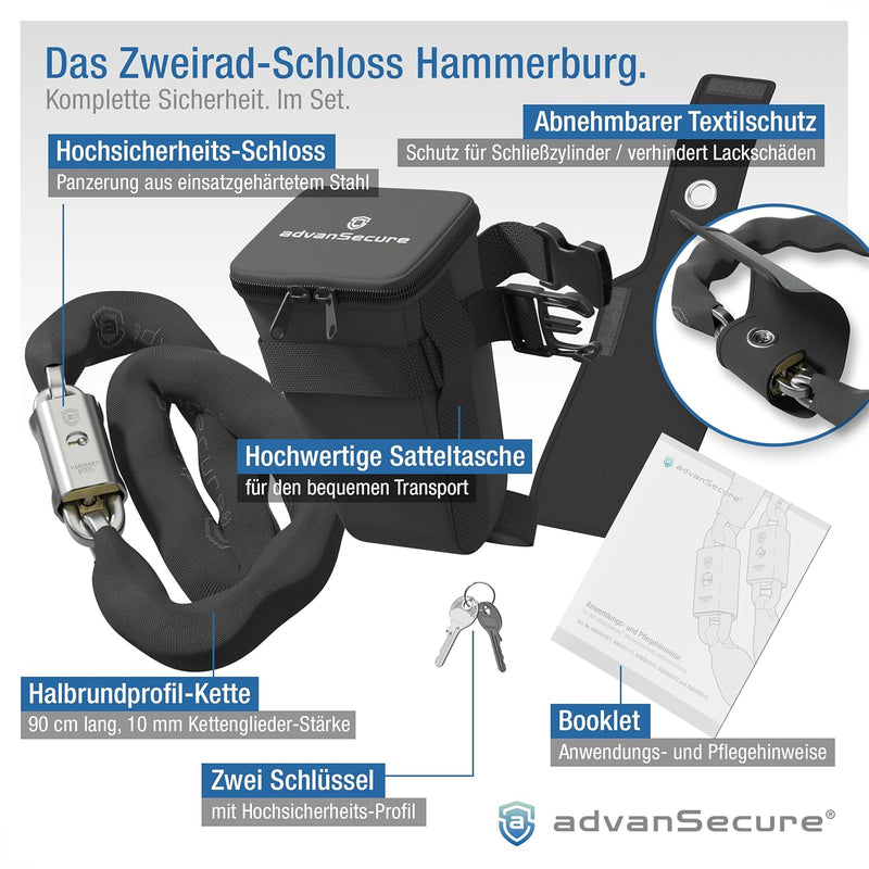 advanSecure® Hochsicherheits-Kettenschloss mit Satteltasche | optimal für Fahrrad und E-Bike | max.