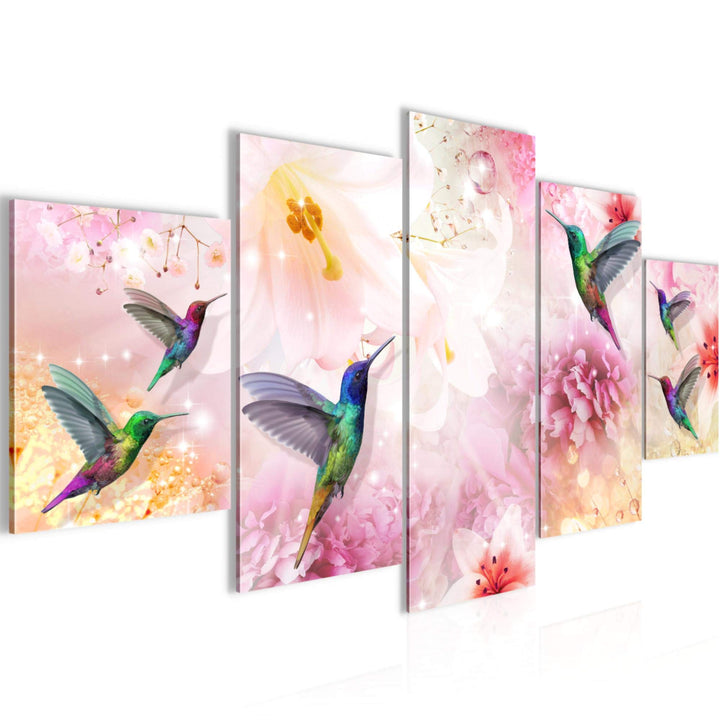 Runa Art Wandbilder Blumen Kolibri 5 Teilig Bild auf Vlies Leinwand Deko Wohnzimmer Vintage Rosa Bun