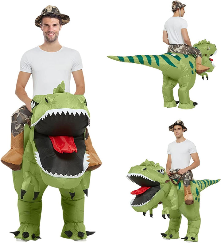Dinosaurier-Kostüm, aufblasbar, Dino zu Pferd auf einem aufblasbaren Dinosaurier-Spielzeug, für Part