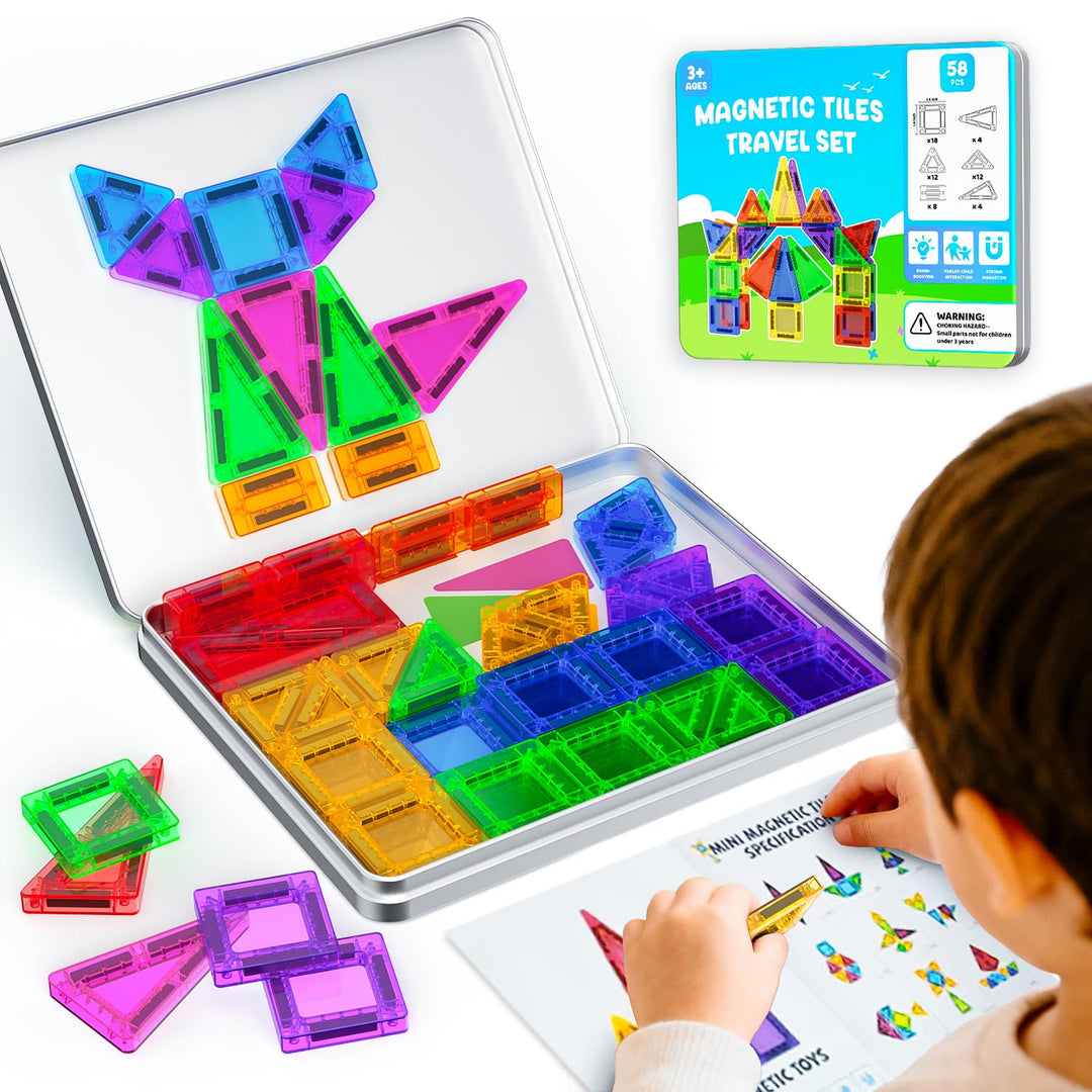 Magnetische Bausteine Reiseset, 58pcs Mini Magnetbausteine Tragbar Reisen Magnetische Fliesen Magnet