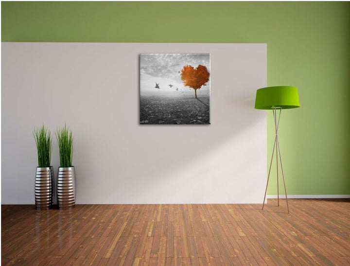 Pixxprint Roter Herzbaum im Herbst schwarz/weiss, Format: 70x70 auf Leinwand, 70x70