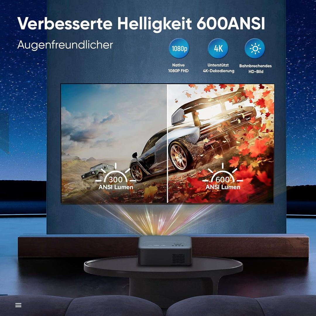[Elektrischer Fokus/Trapezkorrektur/Zoom] Beamer, Beamer 4K Unterstützt 600ANSI WiFi6 Zwei-Wege Blue