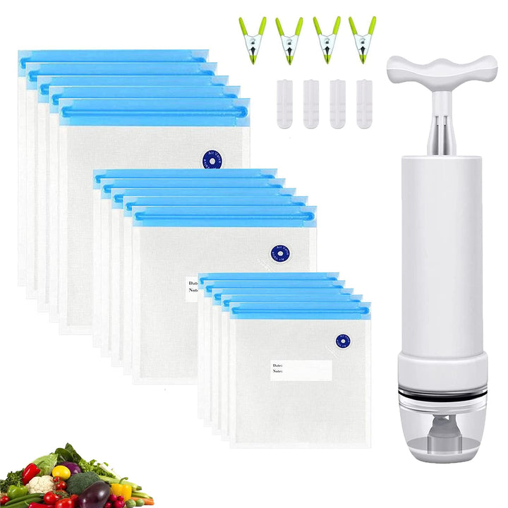 Sous Vide Beutel 15 Stück Wiederverwendbare Vakuum Lebensmittellagerbeutel mit 1 Handpumpe, 4 Versch