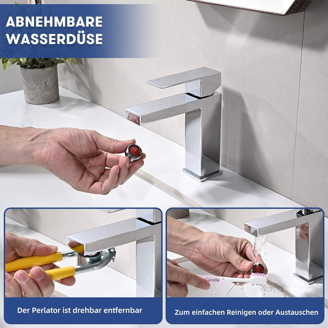Waschtischarmatur Edelstahl Wasserhahn Bad mit Auslauf Höhe 110 mm, Mischbatterie Waschbecken Wasser