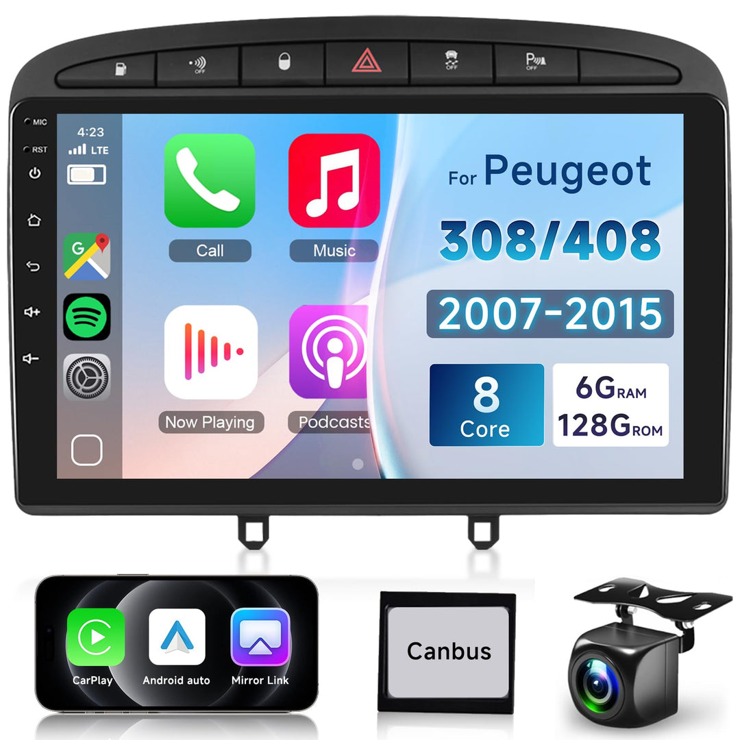 Podofo Autoradio für Peugeot 308/408 2007-2015 mit Wireless Carplay Android Auto, 8 Core, 4+64G, 9"