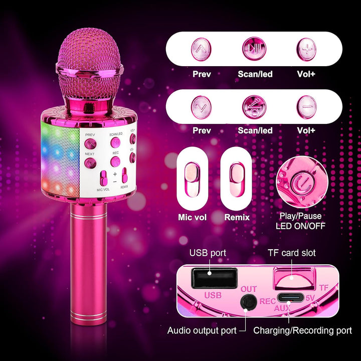 ShinePick Karaoke Mikrofon Bluetooth, 4-in-1 Drahtloses Geschenke Mikrofon Kinder Mädchen,Tragbare L