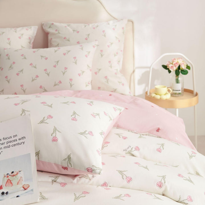 Baumwolle Bettwäsche Set 135x200cm 2teilig Weiss Rosa Grün Blumen Floral Bettwäsche Blumenmuster Mäd