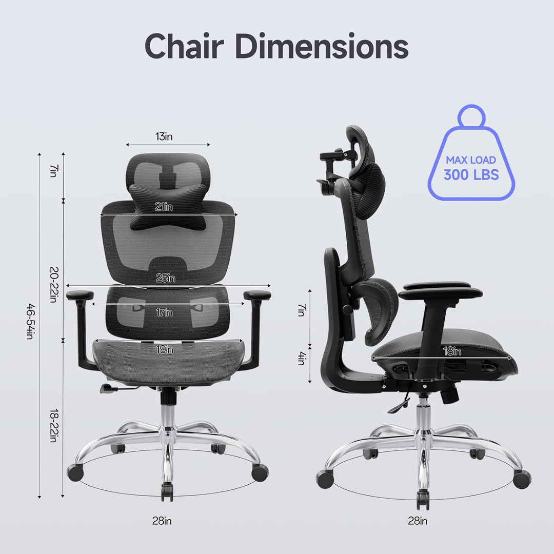 Ergonomischer Bürostuhl Schreibtischstuhl, Netzstoff Drehstuhl mit 2D-Lendenwirbelstütze & 3D-Kopfst