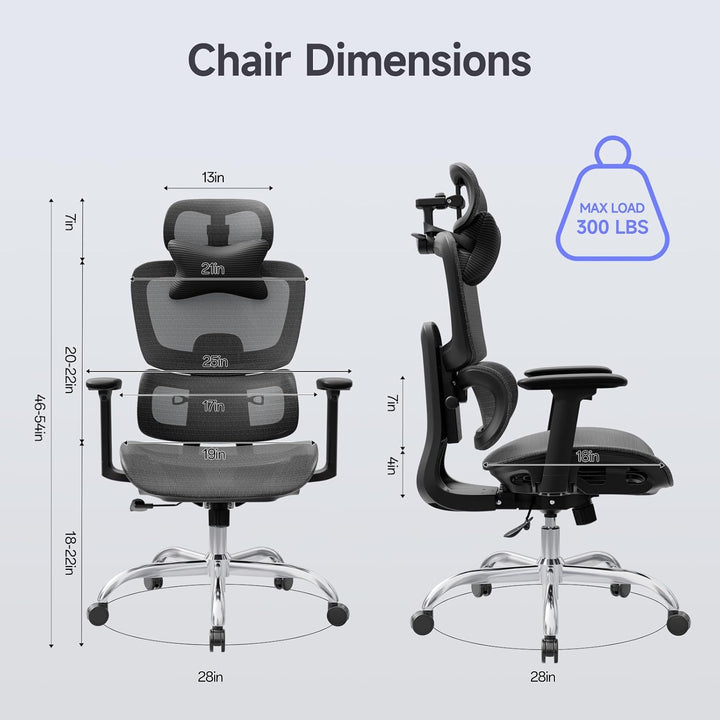 Ergonomischer Bürostuhl Schreibtischstuhl, Netzstoff Drehstuhl mit 2D-Lendenwirbelstütze & 3D-Kopfst