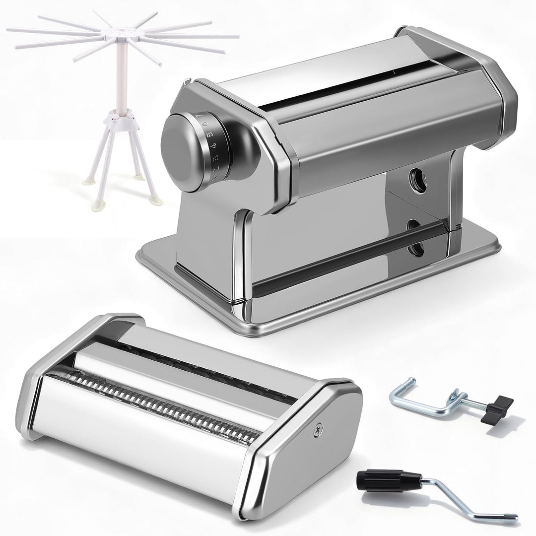 Manuelle Nudelmaschine, Edelstahl Pasta Maker mit 3 Schneidern, Nudeltrockner Nudelständer und 9 Ein