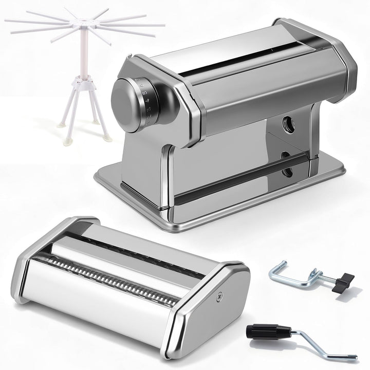 Manuelle Nudelmaschine, Edelstahl Pasta Maker mit 3 Schneidern, Nudeltrockner Nudelständer und 9 Ein