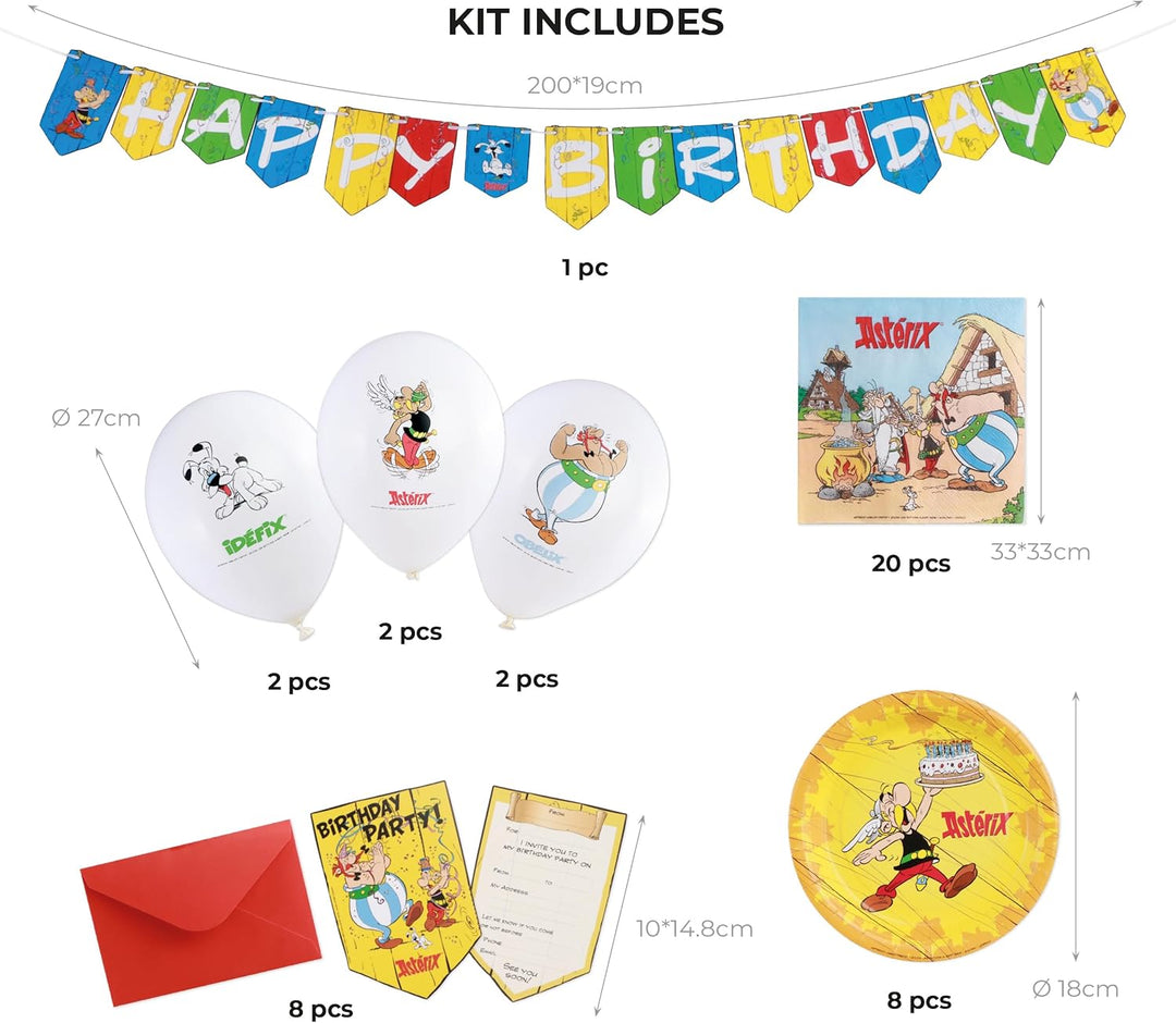 Chaks - offizielles Asterix Partyset Kinder, Teller, Servietten, Luftballons, Einladungen & Girlande
