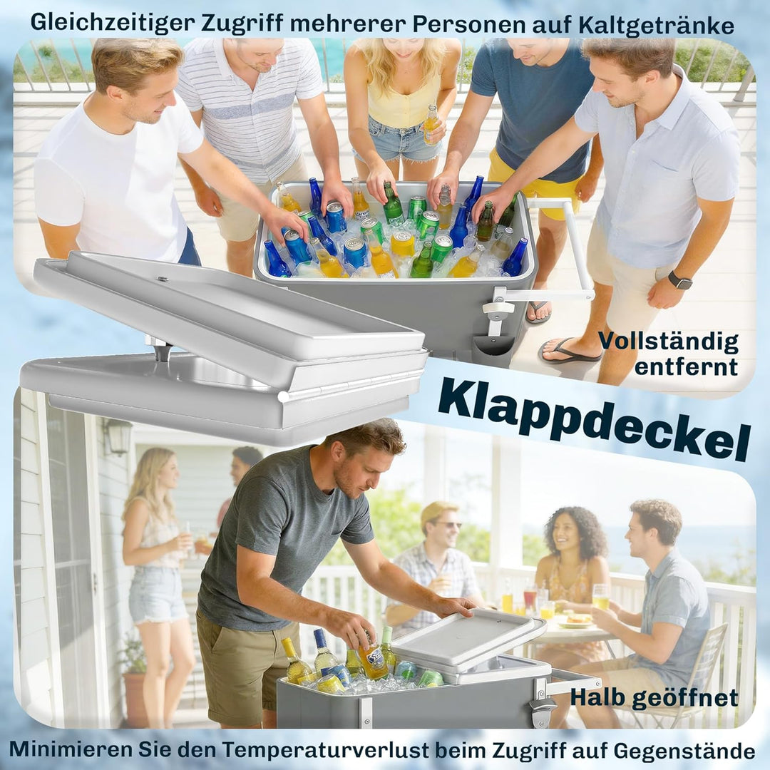 Outsunny Kühlwagen mit 56L Kapazität Servierwagen mit Rollen, Flaschenöffner, unterer Ablage, Griff