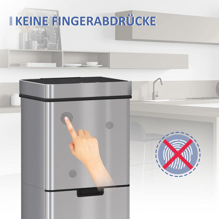 HOMCOM Mülleimer Abfalleimer mit Sensor 72 l Mülltrennsystem 3 Fächer Edelstahl Silber 42 x 30 x 81