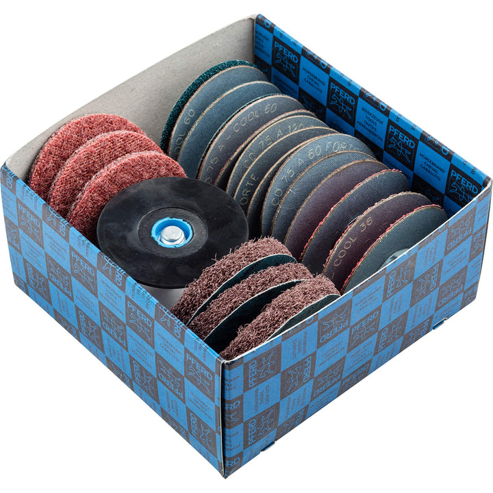 PFERD-COMBIDISC-Set, 22-teilig, verschiedenen Schleifwerkzeugen, Aussen-ø 75 mm, inkl. passendem Wer