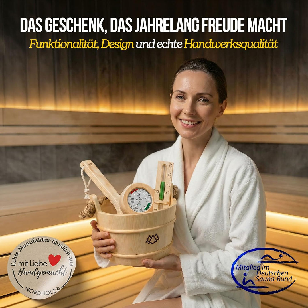 Sauna Eimer mit Kelle aus 100% nordischer Fichte - Hochwertiges Sauna Zubehör - Einsatz, Hanftragese