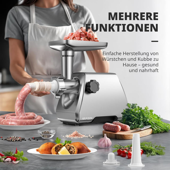 AIRMSEN Elektrischer Fleischwolf mit Wurstfüller, 2 Edelstahlklingen, 3 Mahlplatten und Kubbe-Zubehö