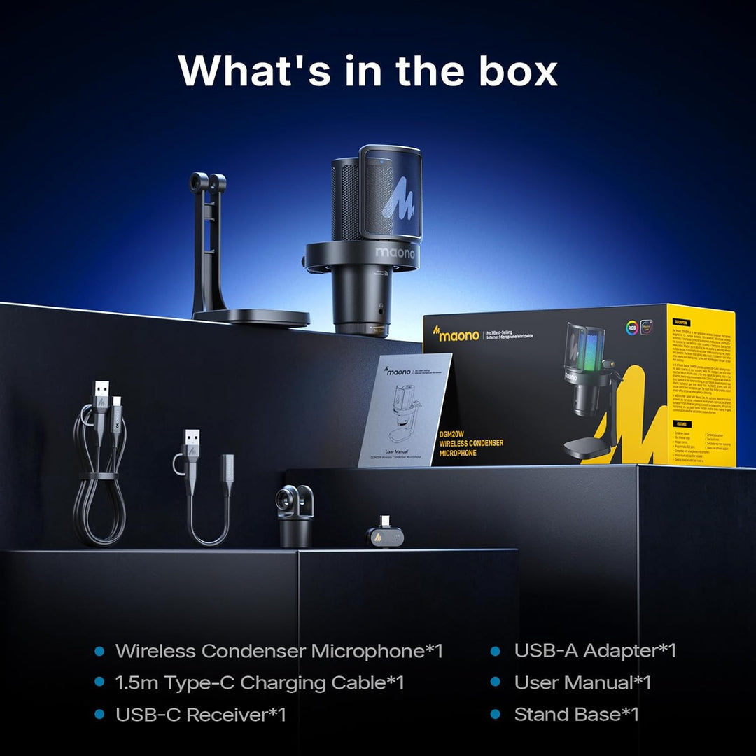 MAONO DGM20W Kabelloses Gaming Mikrofon für PC, 2,4 GHz Wireless & USB Streaming Mikrofon mit Geräus