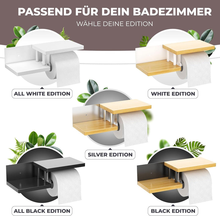 Toilettenpapierhalter Holz Bambus komplett schwarz [KLEBEN oder Bohren] | hochwertiger Klopapierhalt