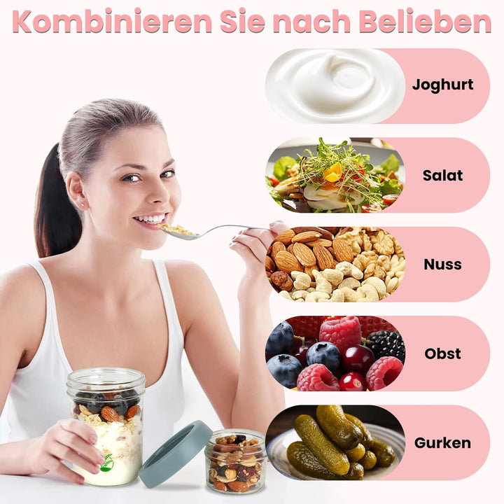 2er Müslibecher to go, 500 ml+120ml Overnight Oats Gläser, Doppelwandiger Glasbehälter mit Deckel, J