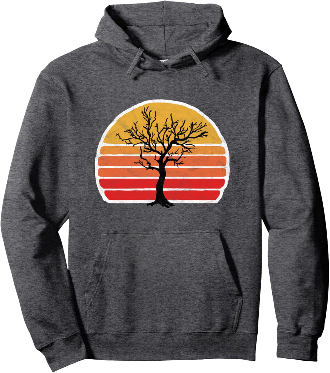 Retro Sun Minimalist Leafless Maple Tree Design Graphic Pullover Hoodie