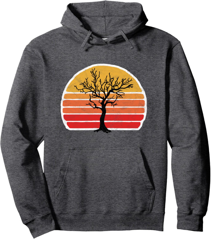 Retro Sun Minimalist Leafless Maple Tree Design Graphic Pullover Hoodie