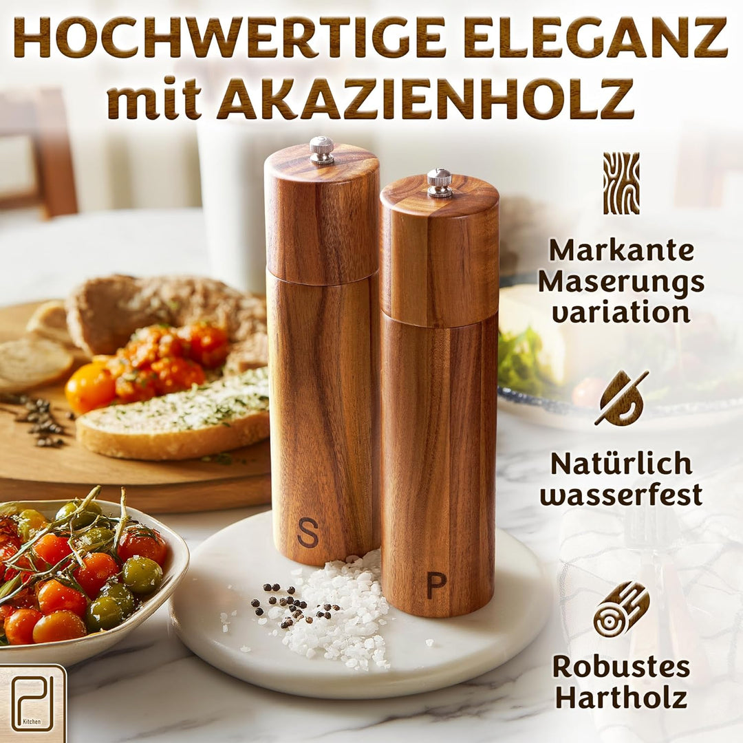 Grosses Salz- und Pfeffermühlenset - 28 g, Mühlen aus Akazienholz - Nachfüllbare manuelle Grobkorn-S