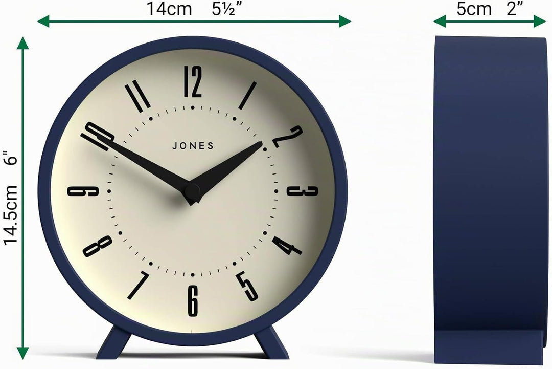 JONES CLOCKS® Schreibtischuhr 'Venus' – modernes rundes Design in Blau, stilvoller Retro-Look für Re