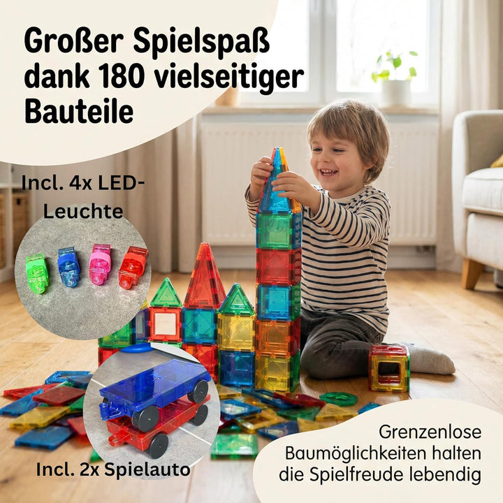 BauHelden Magnetbausteine Set, 180 Teile, Magnetische Bausteine, BPA Frei, Deutsche Bauanleitung, Kr