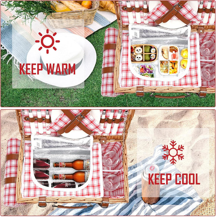 Weiden-Picknickkorb-Set für 2 Personen mit wasserdichter Picknickdecke und grossem isoliertem Kühlfa