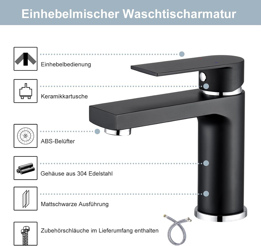Aktines Waschtischarmatur für Badezimmer eckig, Hochdruck Einhebelmischer Armatur Wasserhahn für Was