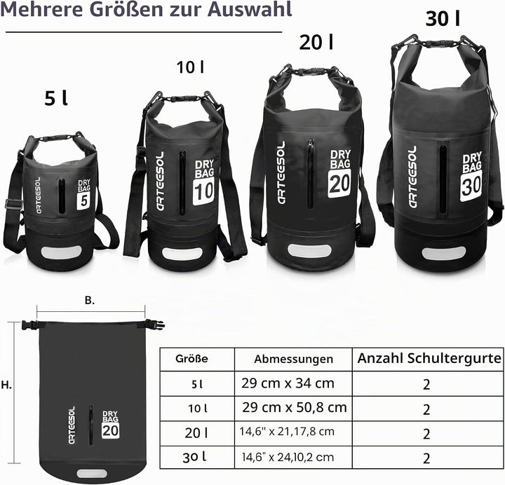 Dry Bag wasserdichte Tasche 5L/10L/20L/30L Wasserfester Beutel Packsack mit Langen Doppeltem Verstel