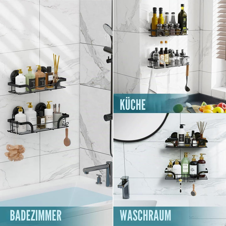 TAILI Duschablage Ohne Bohren, Einstellbar Dusche Caddy Saugnapf 2er Set Dusche Zubehör mit Haken Ro