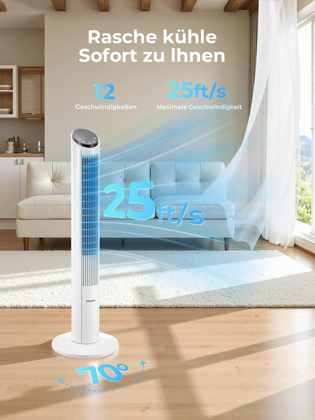 FOHERE Turmventilator 102cm, 12 Stufen Standventilator mit Fernbedienung, 32dB Sehr Leiser, Oszillie