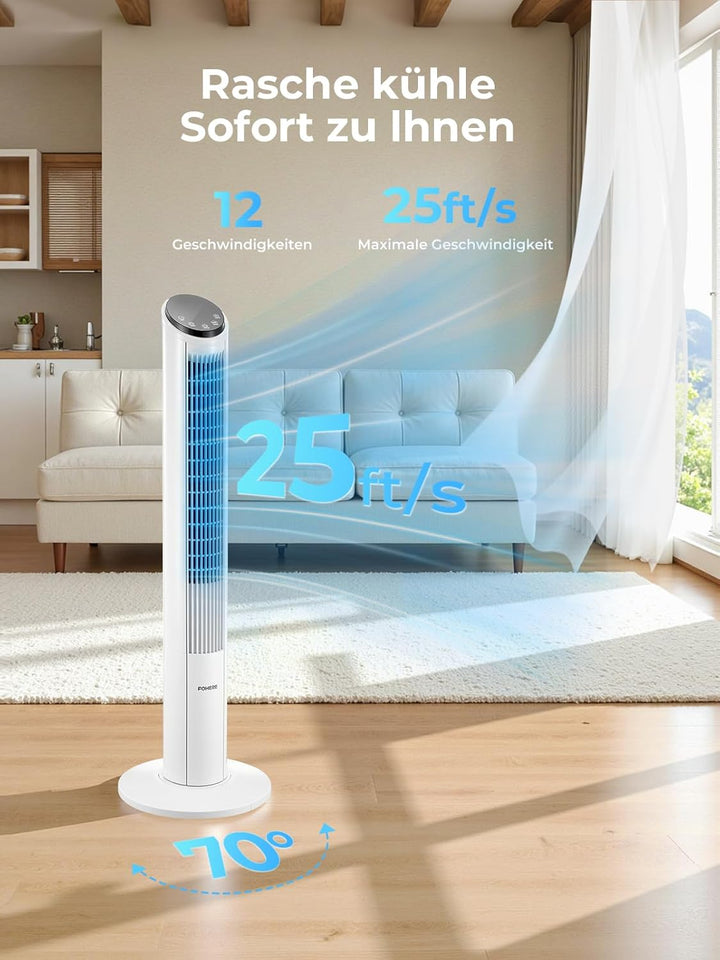 FOHERE Turmventilator 102cm, 12 Stufen Standventilator mit Fernbedienung, 32dB Sehr Leiser, Oszillie
