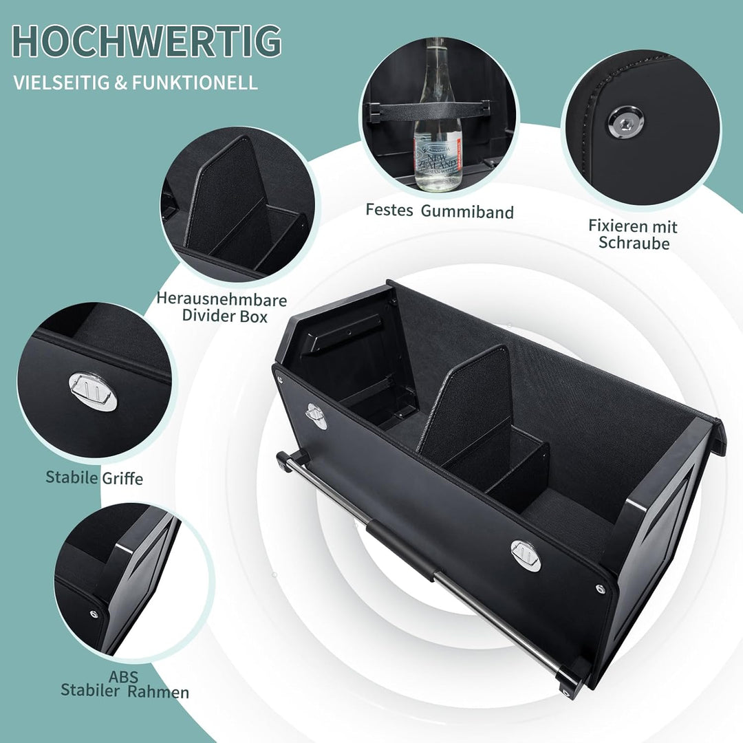 60L Premium Leder Auto Kofferraum Organizer mit Deckel - Stabiler Griffe & Metallschloss, Multifunkt