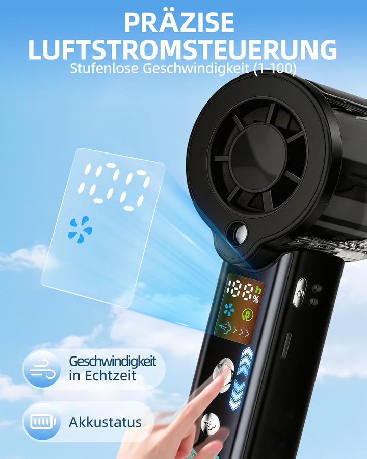 Handventilator mit Wasserkühlung, 30000 U/min Mini Ventilator Akku 3000mAh, 1-100 Stufen Tragbarer V