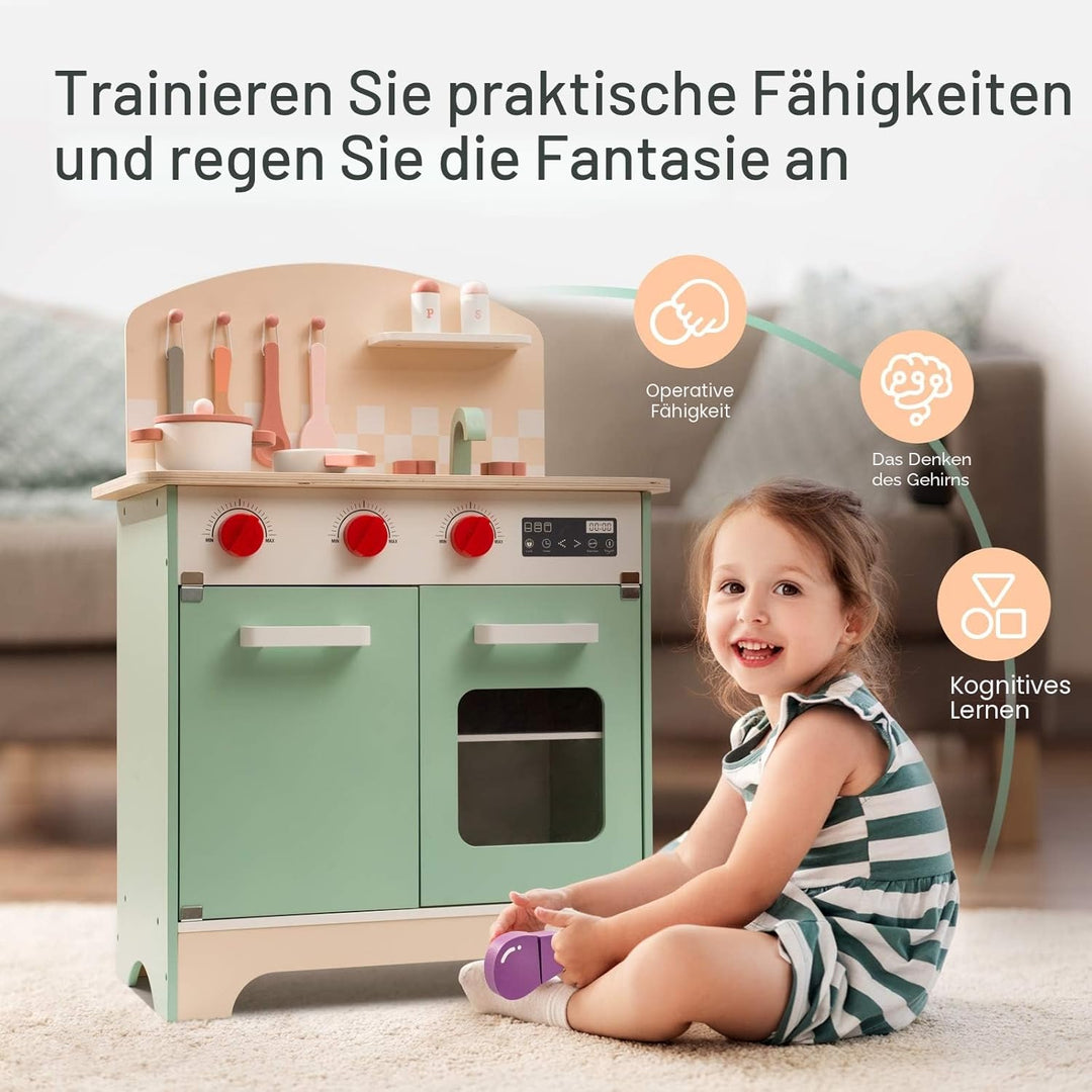 ROBUD Spielzeug Kinderküche, Holz Spielküchen Zubehör mit Schneiden Gemüse Lebensmittel, Backenofen,