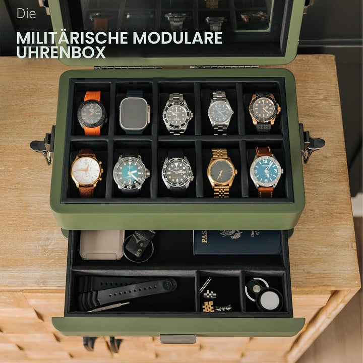 CASE ELEGANCE Militäruhrenbox mit 10 Fächern für Herren, Echtglasplatte, modulares Valet-Tablett, Ap