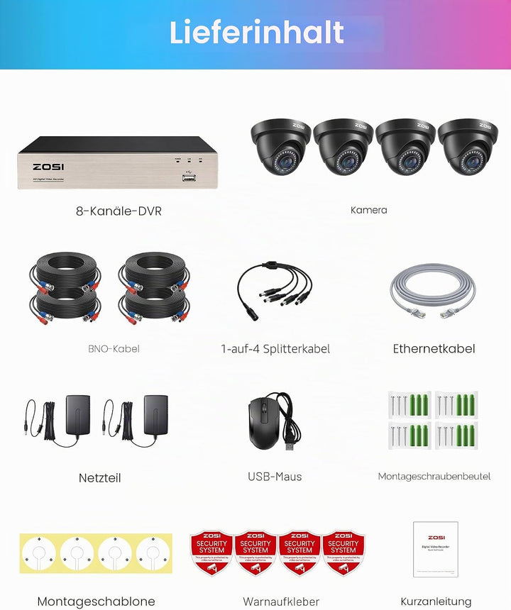 ZOSI Aussen 1080P Video Überwachungssystem 8CH H.265+ 4in1 DVR mit 4 HD 1080P 2.0MP Dome Überwachung