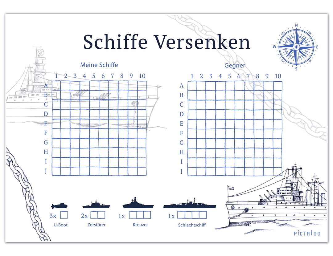 PICTALOO Schiffe Versenken Spielblock Set, Flottenmanöver mit 50 Blatt pro Block DIN A5, Reisespiel