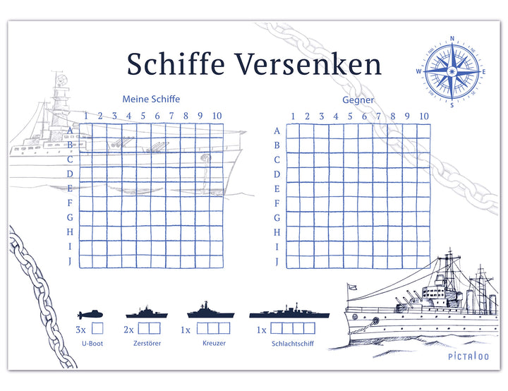 PICTALOO Schiffe Versenken Spielblock Set, Flottenmanöver mit 50 Blatt pro Block DIN A5, Reisespiel