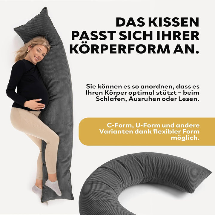 Schwangerschaftskissen 40x145 cm | Schwangerschaftskissen | Allergiker geeignet (Dunkelgrau, 145 x 4