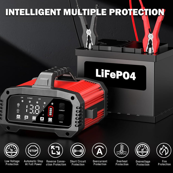 25A Auto-Batterieladegerät, mit Temperaturkompensation für Auto-, LKW-, Motorrad-, Rasenmäher-, Boot