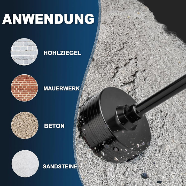 32MM Bohrkrone (XXL-Zähne) schwarz set mit 110mm SDS plus verlängerung und 4-Schneidigen Zentrierboh