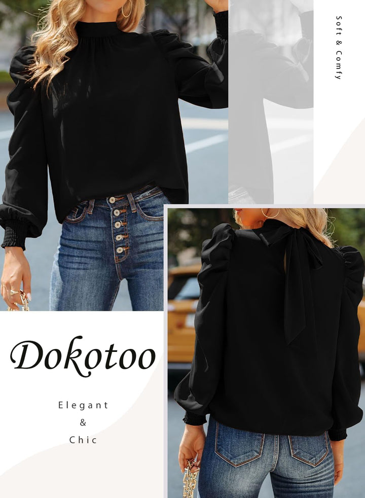 Dokotoo Damen Bluse Elegant Business Chiffonbluse Einfarbig Stehkragen Puffärmel Oberteil Tops S-XXL