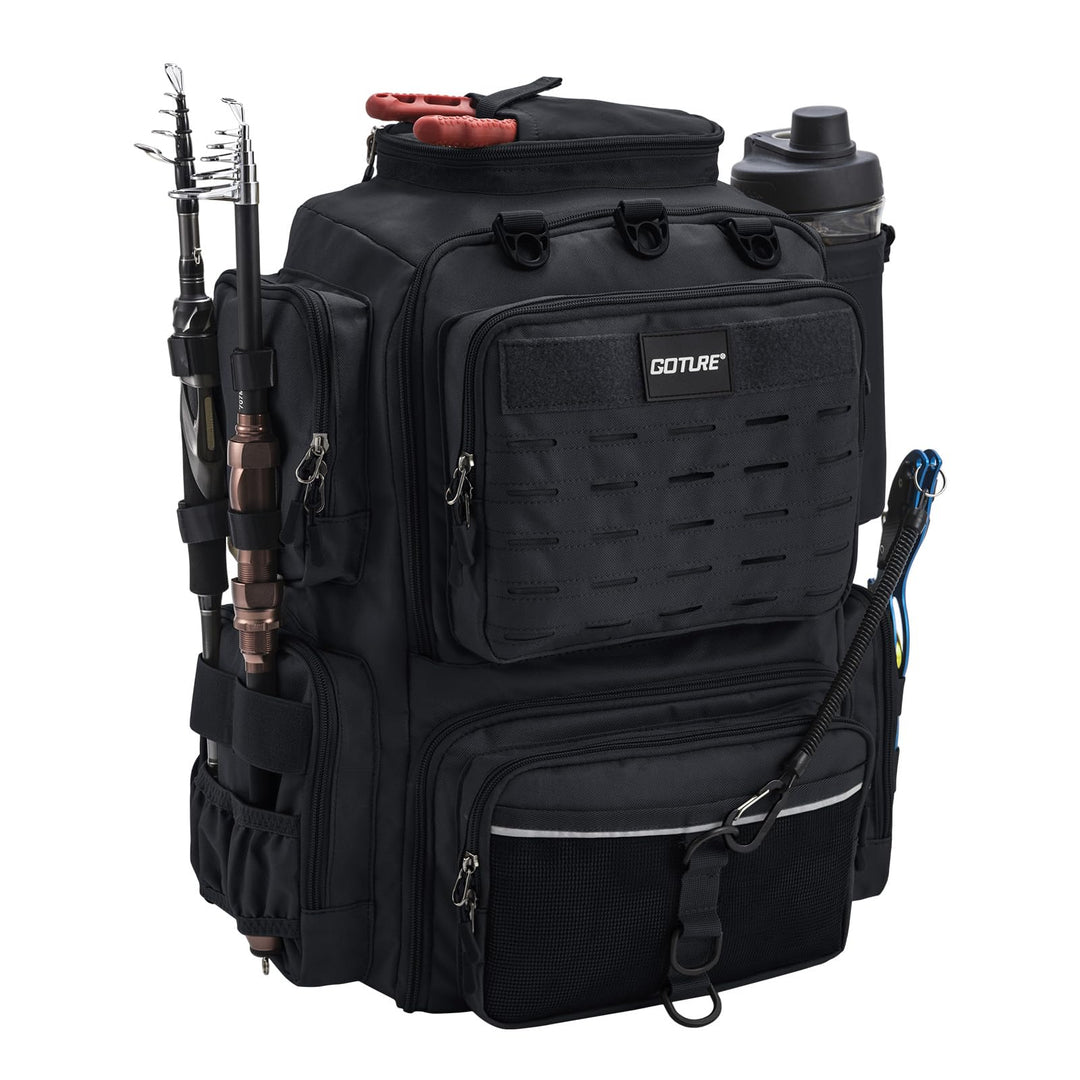 Goture Angelrucksack, 73-Liter Angelzubehör-Rucksack mit Zwei Rutenhaltern und Regenschutz, 600D Oxf
