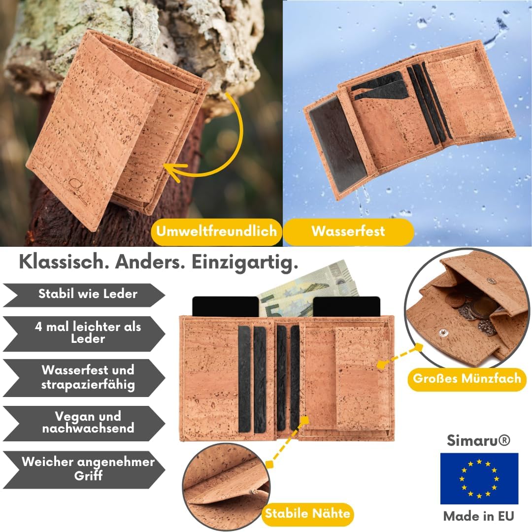 Simaru Kork Geldbeutel, Slim Wallet mit Zuglasche für Kartenfach, Unisex Mini Geldbeutel, Portemonna